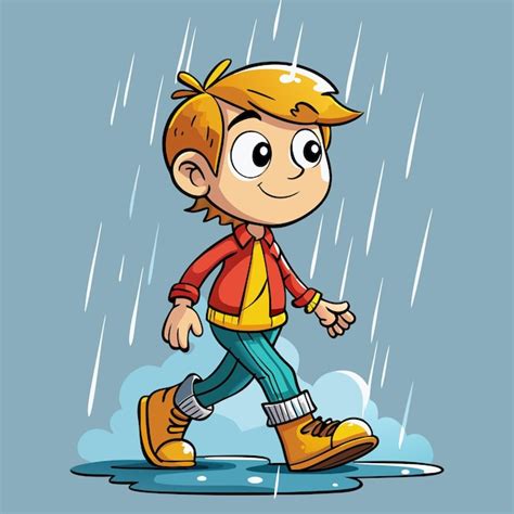 Premium Vector Cartoon Boy Walking In Rainy Weather Vector Illustration