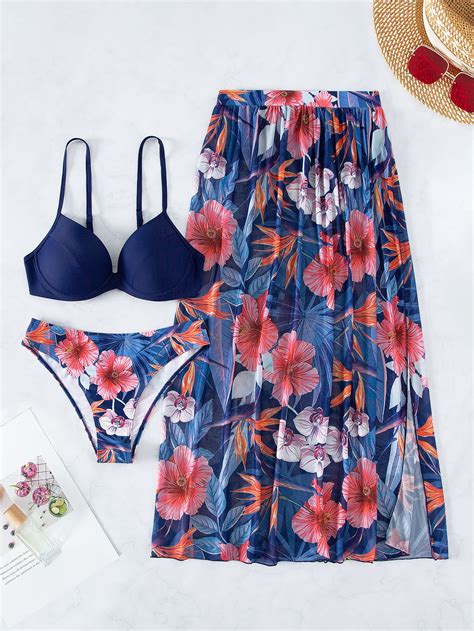 Shein Swim Vcay Ba Ador Bikini Push Up Con Estampado Tropical Con Falda