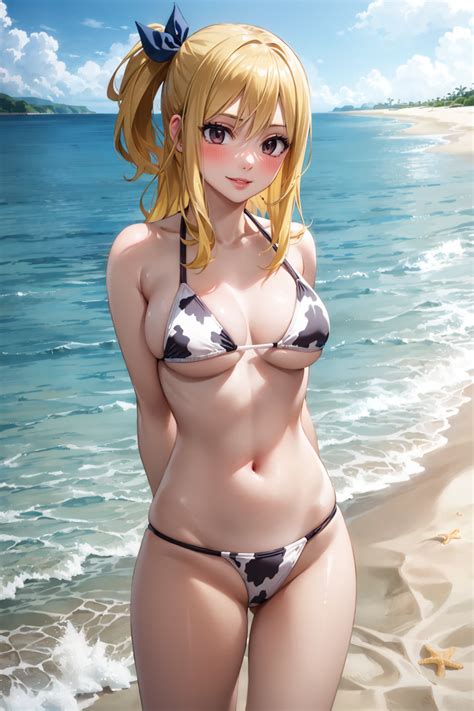 Rule 34 Ai Generated Beach Bikini Blonde Hair Blush Brown Eyes Cow Bikini Fairy Tail Hands