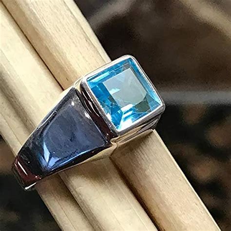 100 Natural Aquamarine Square 925 Sterling Silver Ring Men Etsy