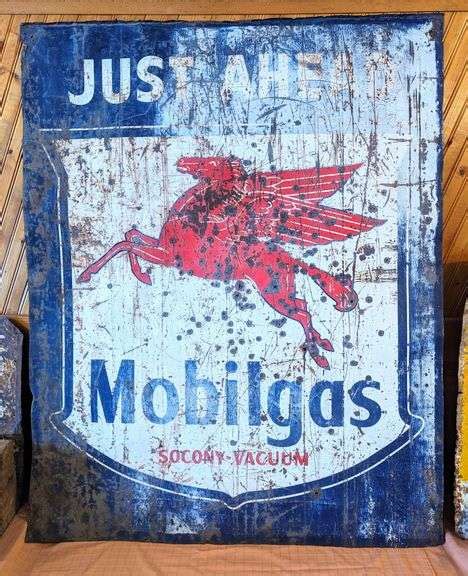 VINTAGE MOBILGAS JUST AHEAD PEGASUS METAL SIGN 48 X 60 4 FT X 5