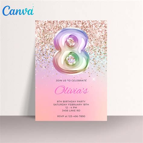 Editable 8th Birthday Invitation Template Pink Glitter Rainbow