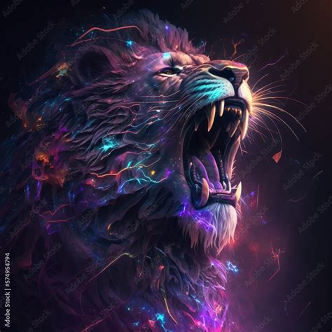 Angry Lion Portrait Rendered With Lots Of Futuristic Colors And Effects