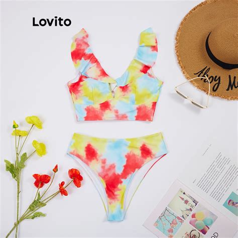 Lovito Boho Beachwear Tie Dye Lace Up Ruffle Hem Bikini Sets With