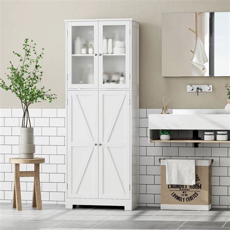 Homfa 67 Tall White Bathroom Storage Cabinets Farmhouse Wooden Cabinet With Glass Doors And