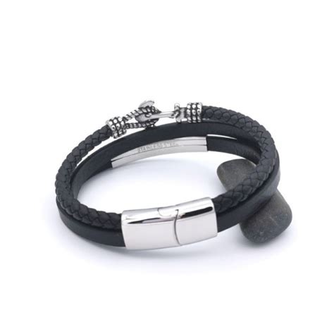 Bracelet Cuir Homme Ancre Marine Gourmette Inox