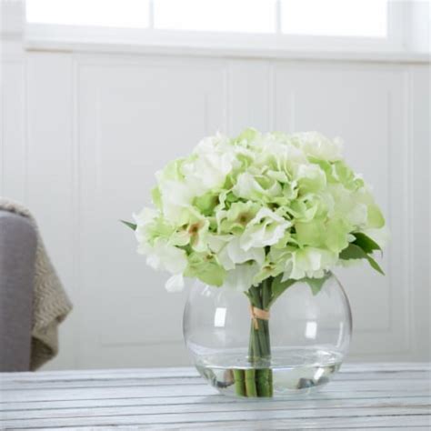 Pure Garden Hydrangea Floral Arrangement With Glass Vase Green