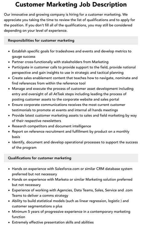 Customer Marketing Job Description Velvet Jobs