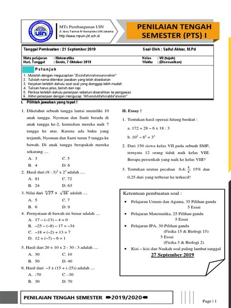 Format Kop Soal PTS smt1 MTK 1920 Fix I | PDF