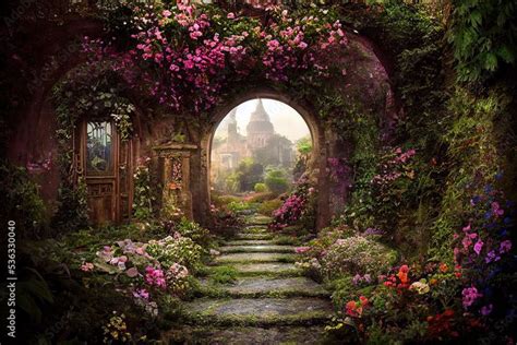 A Beautiful Secret Fairytale Garden With Flower Arches And Colorful