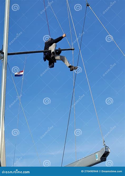 Single Person Up In The Rigging Of A Sailboat Stock Photo Image Of