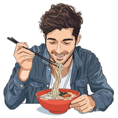 A Cartoon Drawing Of A Man Eating Noodles With A Sticker Of Noodles