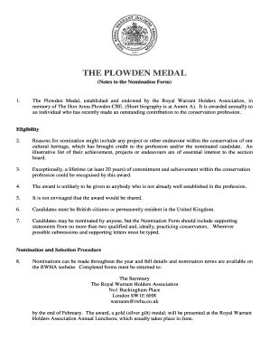 Fillable Online Royalwarrant Plowden Medal Nomination Form