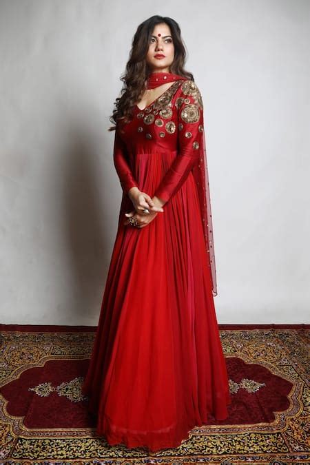 Buy Red Yoke Dupion Silk Embroidered Zari V Neck Shaded Anarkali Set