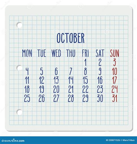 Calendario Mensual De Octubre De Ilustraci N Del Vector