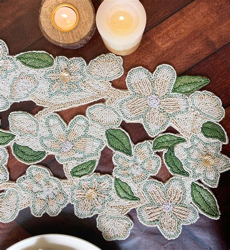 Handmade Table Runner Beaded Runner Floral Cutwork Bead Etsy