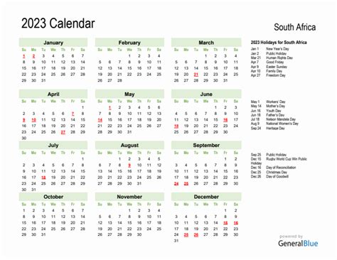 South Africa 2023 Calendar With Holidays