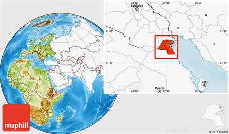 Physical Location Map of Kuwait, highlighted continent