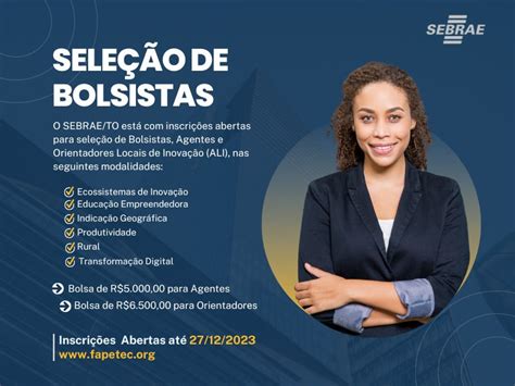 SEBRAE TO abre inscrições para bolsistas AGENTES LOCAIS DE INOVAÇÃO