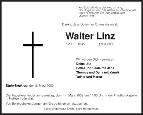 Traueranzeigen Von Walter Linz Trauer Kreiszeitung De