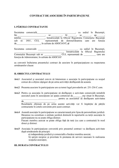 Model 1 Contract DE Asociere ÎN ParticipaŢIUNE CONTRACT DE ASOCIERE