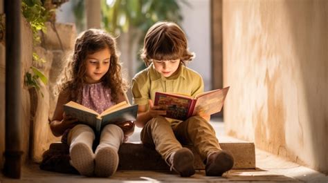 Lindos Ni Os Peque Os Leyendo Un Libro Sentados En Los Escalones De Las