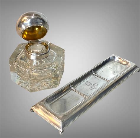 Proantic Encrier Et Plumier Ancien En Cristal Baccarat Et Argent