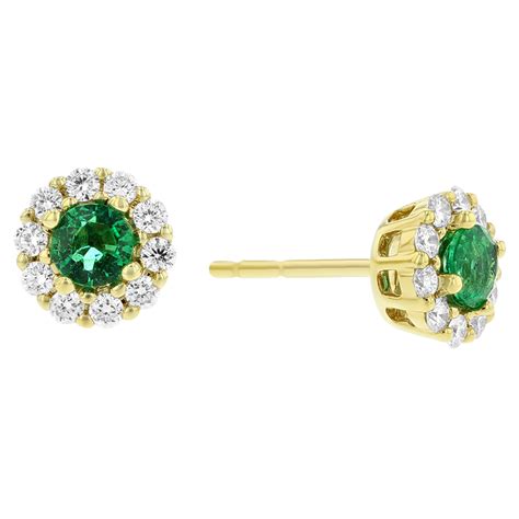 14K Yellow Gold Round Emerald Diamond Halo Stud Earrings Borsheims