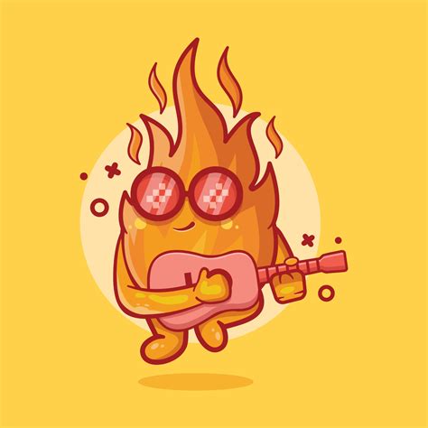 Cool Fire Flame Character Mascot Playing Guitar Isolated Cartoon In