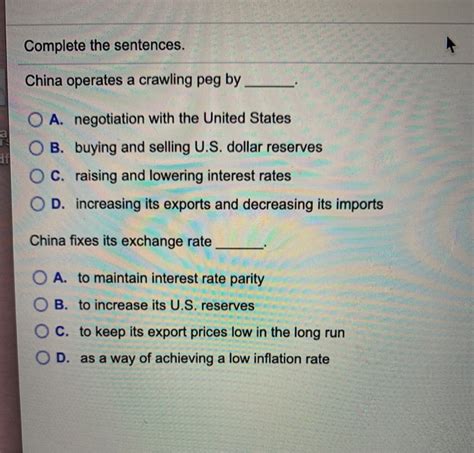 Solved Complete the sentences. China operates a crawling peg | Chegg.com