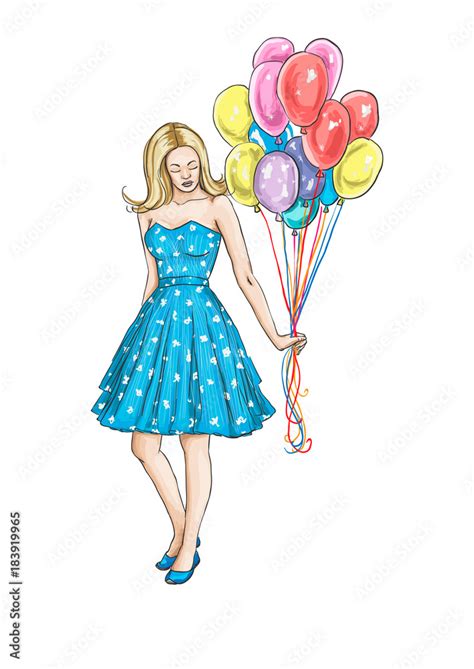 Beautiful Young Woman With Colorful Balloons On Birthday Stylish Girl