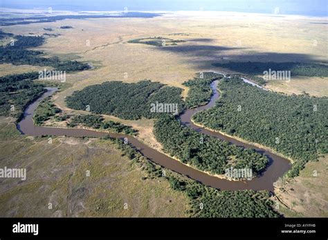 African landscape, gallery forest with savanna, aerial view, Kenya ...