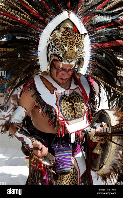 Mexican Man In Aztec Jaguar Costume At A Traditional Aztec Festival At