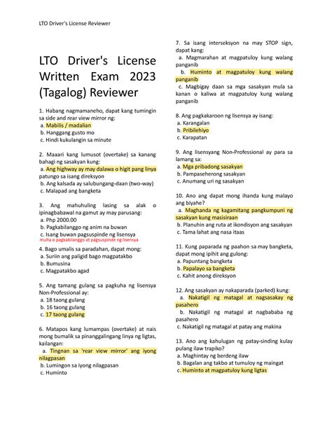 Answer Key Notes LTO Driver S License Written Exam 2023 Tagalog