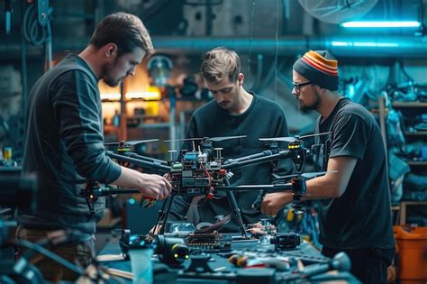 Premium Photo Engineers Working On Drone Assembly In A Workshop