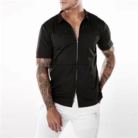 Zipper Shirt Men 2018 Summer New Slim Fit Short Sleeve Camisa Social