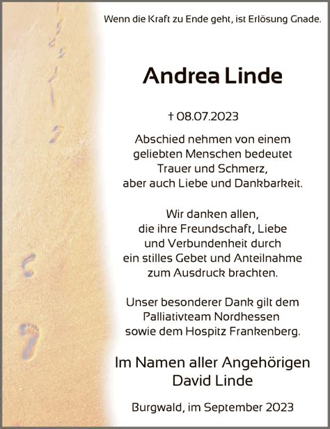 Traueranzeigen Von Andrea Linde Trauer Hna De