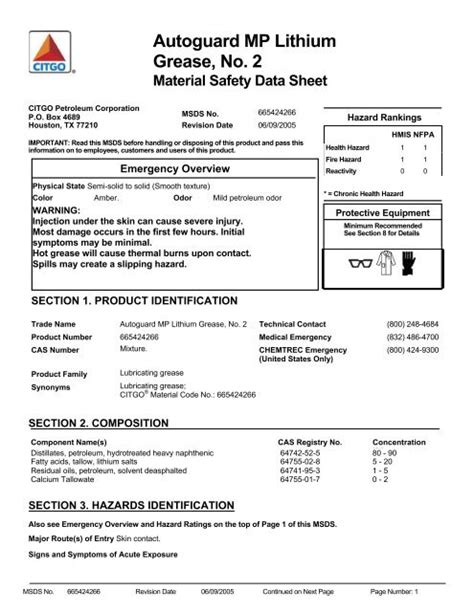 Autoguard MP Lithium Grease No 2 Material Safety Data Sheet