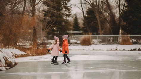 Two Girls Are Skating On A Frozen Pond Background Ice Skating Picture