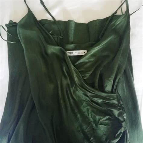 Zara Green Satin Midi Dress With Side Split Worn Depop