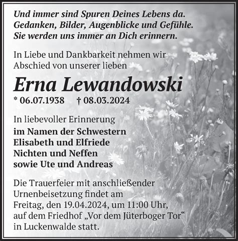 Traueranzeigen Von Erna Lewandowski M Rkische Onlinezeitung Trauerportal