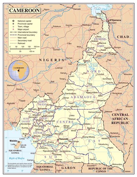 large detailed political  administrative map  cameroon  roads