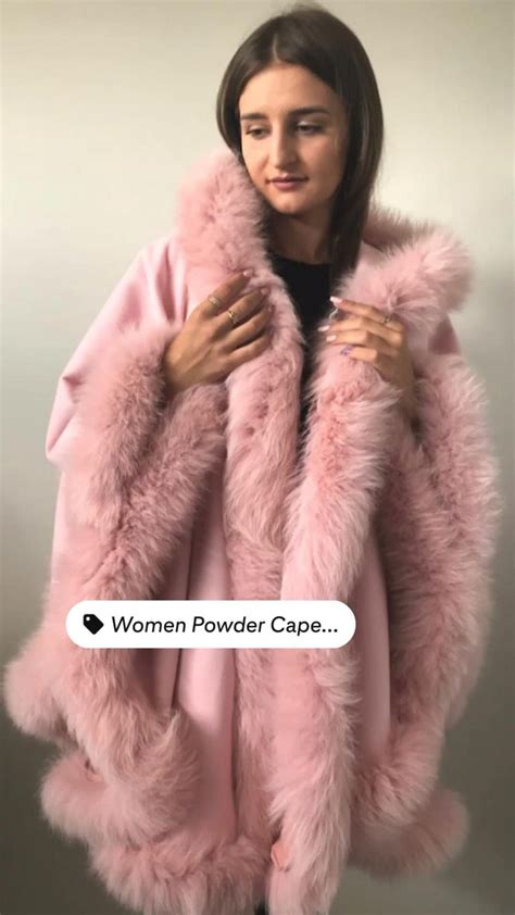 Women Powder Cape Long With Hood Cashmere And Trim Arctic Fox Fur