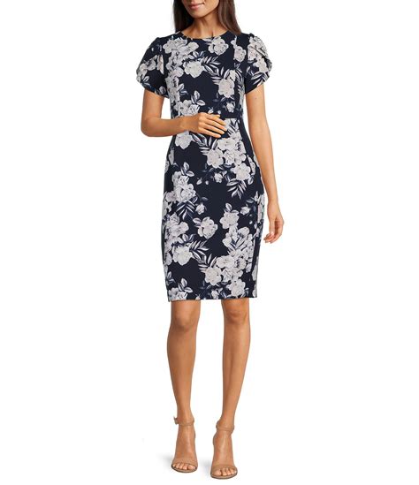 Calvin Klein Floral Print Short Puff Sleeve Scuba Crepe Sheath Dress