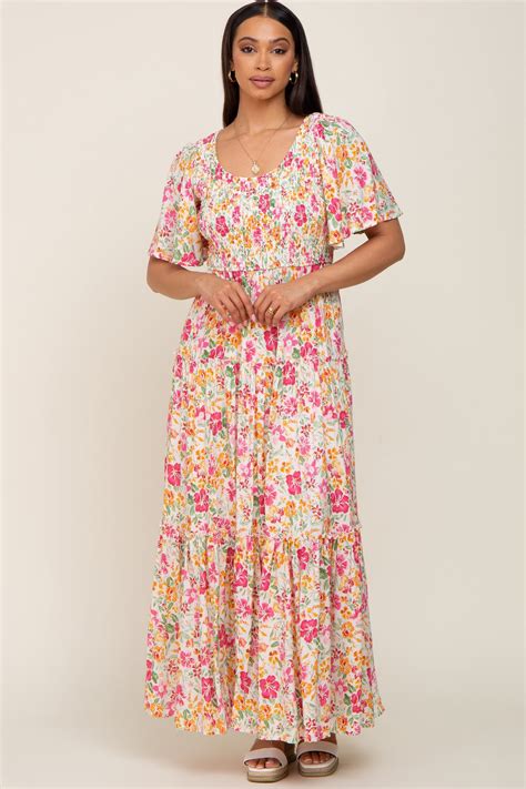 Ivory Floral Smocked Ruffle Tier Maxi Dress Pinkblush