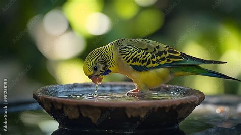 Closeup Portrait Of A Captive Budgerigar Drinking Water From A Small