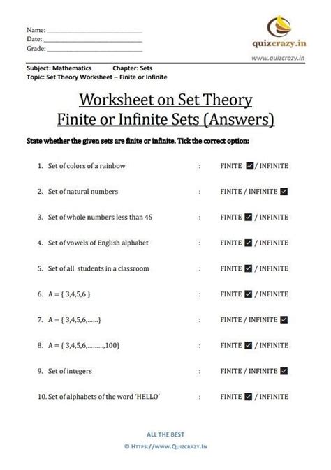 Worksheet On Set Theory Finite Or Infinite Sets Answers