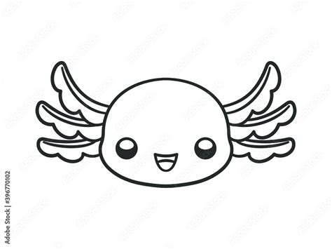 Happy axolotl head cartoon black and white outline vector illustration. Cute underwater aquatic ...