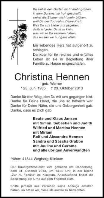 Traueranzeigen Von Christina Hennen Aachen Gedenkt