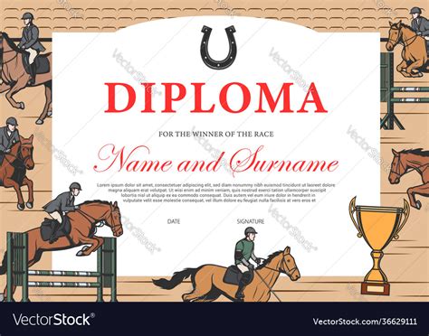 horse race winner diploma certificate template vector image